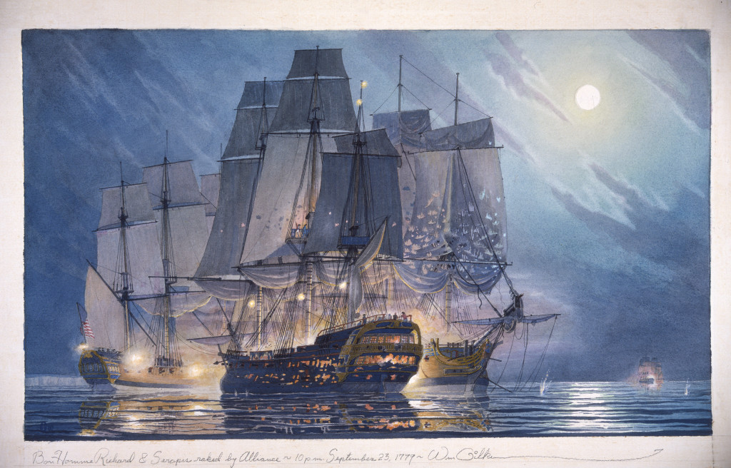 BonHomme Richard and HMS Serapis raked by Alliance - 10 pm Sept. 23, 1779