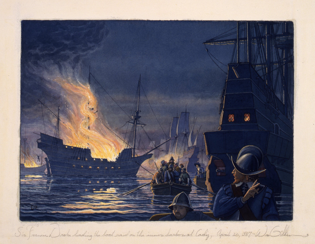 Print from an aquarelle depicting Sir Francis Drake striking the fleet of king Philip of Spain in Cadiz as Philip was gathering his fleet there with the intent to sail to and invade England. Drake making a surprise visit sailing right into the harbour before its defenses could be raised. Inside, he sent out boats loaded with soldiers and well-armed sailors to torch all the warehouses and shipping in sight. this they did with great efficiency, and then sailed out again as Cadiz burned. April 1587.