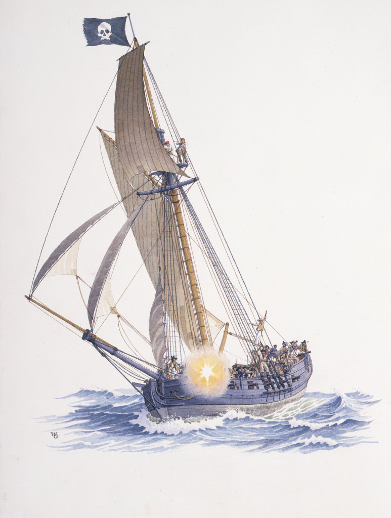 Print made from an aquarelle originally made for William Gilkerson's "Pirate Exhibit" at South Street Seaport Museum.