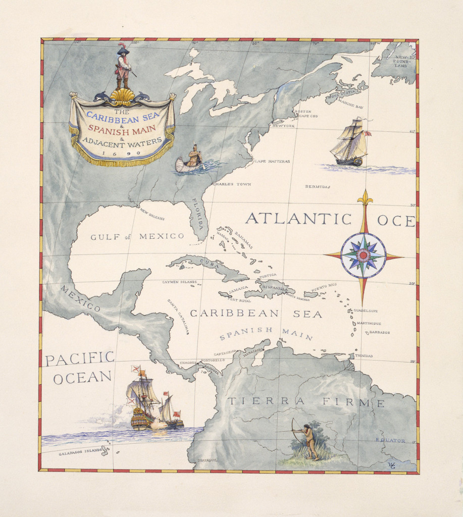 Print made from an aquarelle depicting the map of the Caribben Sea & Spanish Main & Adjacent waters in the year of 1690.
