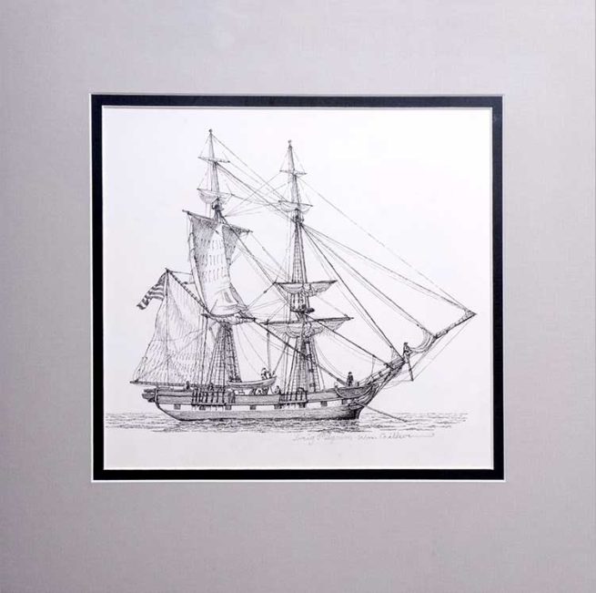 Original ink drawing of the Brig Pilgrim by William Gilkerson