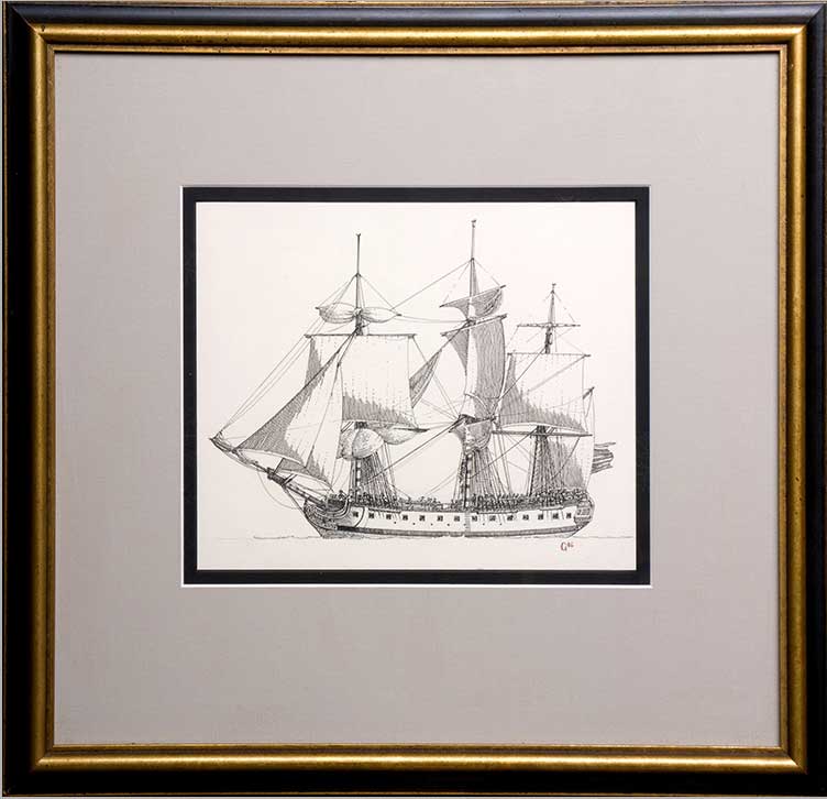 Continental ship Ranger, original ink drawing by William Gilkerson