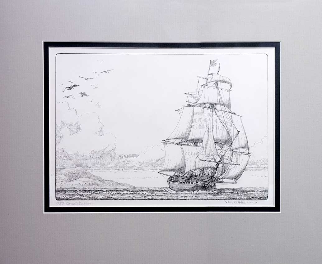 Ink drawing of USS Constitution by William Gilkerson