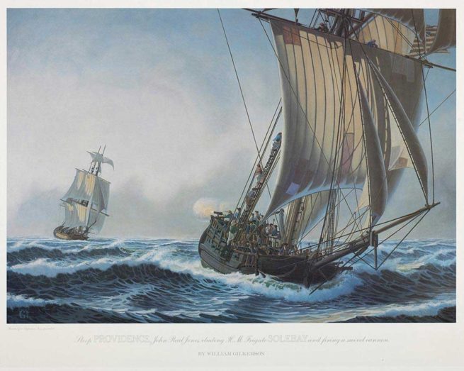 Printed from oil on canvas. Jones's dramatic escape from a Royal Navy frigate on September 1, 1776.
